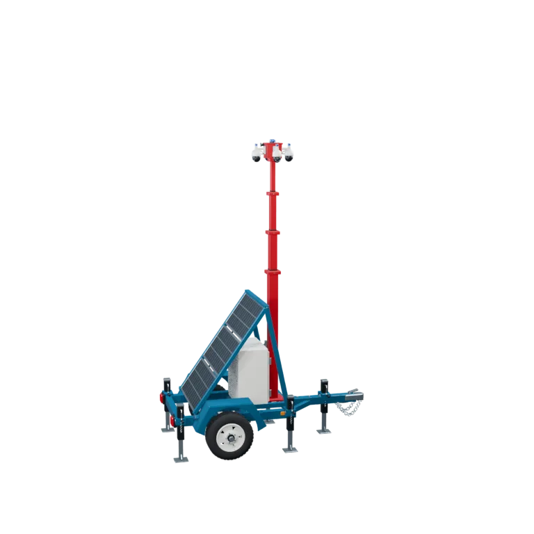 Exploded demo view showing separated cameras, solar panel and warning system